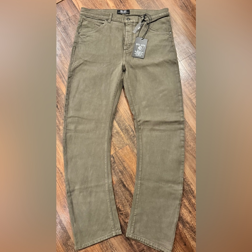KILL CITY MENS 38x33 WIRE RIDER OLIVE GREEN DENIM JEANS MADE IN USA NEW W TAGS